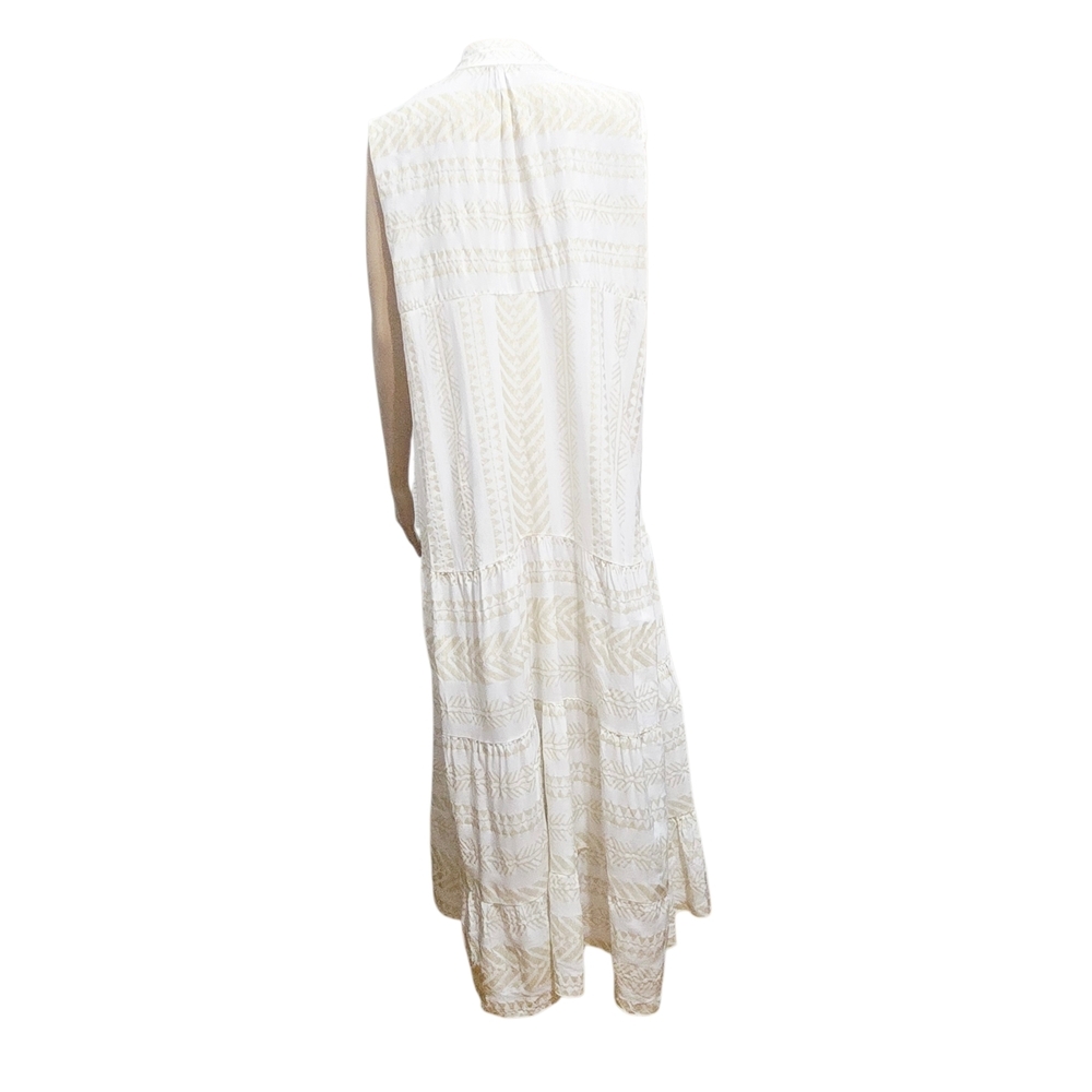 Made In Italy White Sleeveless Tiered Maxi Dress With Gold Embroidery Detail 12 - Picture 3 of 8